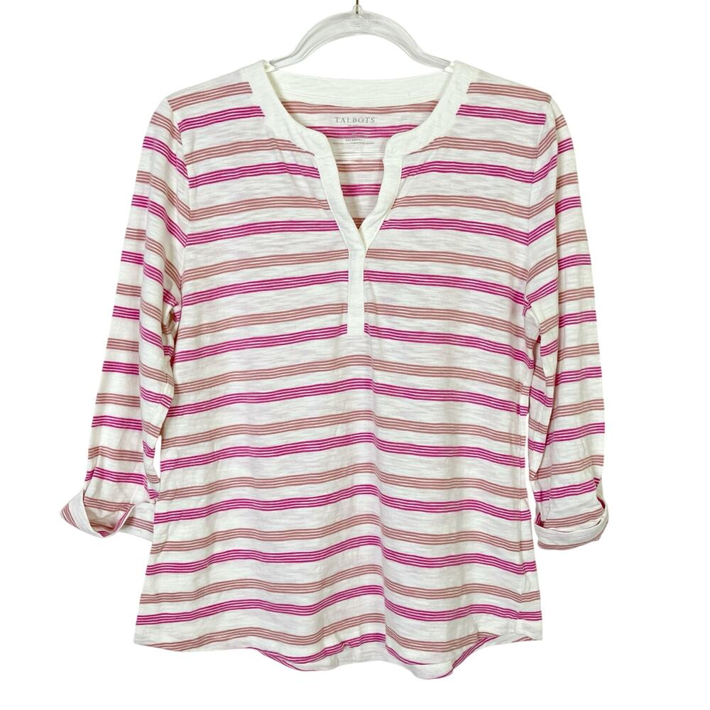 Talbots 3/4 Sleeve Tee Shirt Rolled Sleeve Pink White Stripe Womens Large Petite